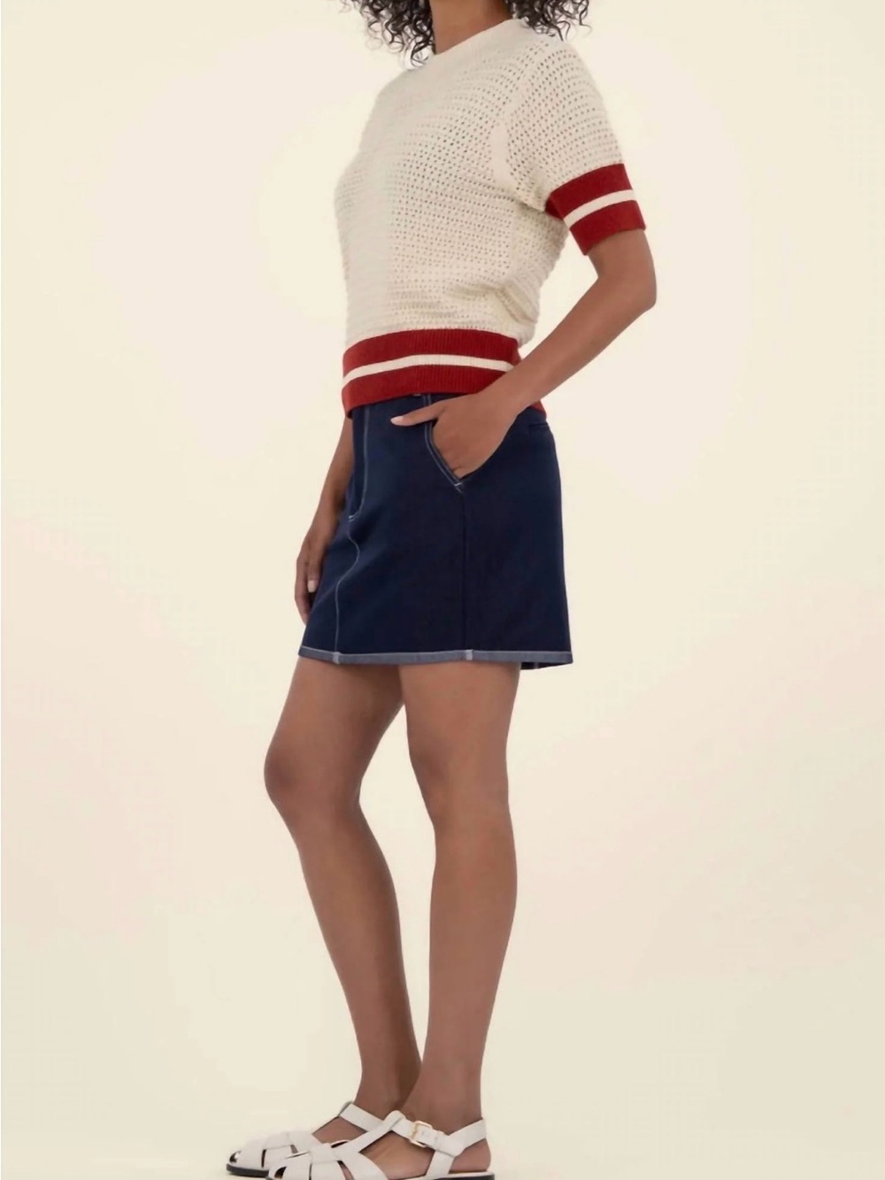 Kut from the Kloth Cream Knit Short Sleeve Sweater with Red Trim size Large - Picture 2 of 8